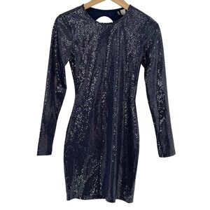 HM Divided Women Navy Blue Silver Sequin Long Sleeve Open Back Bodycon Dress S